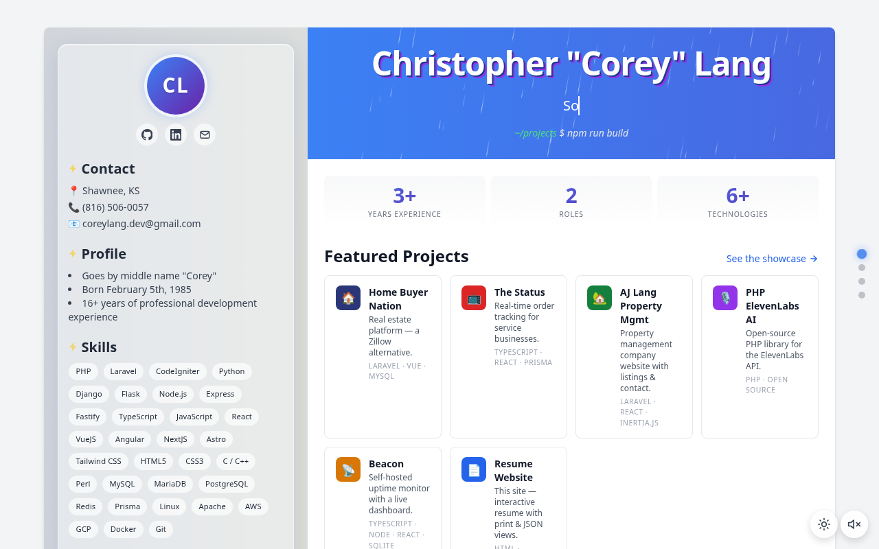 Corey Lang resume website