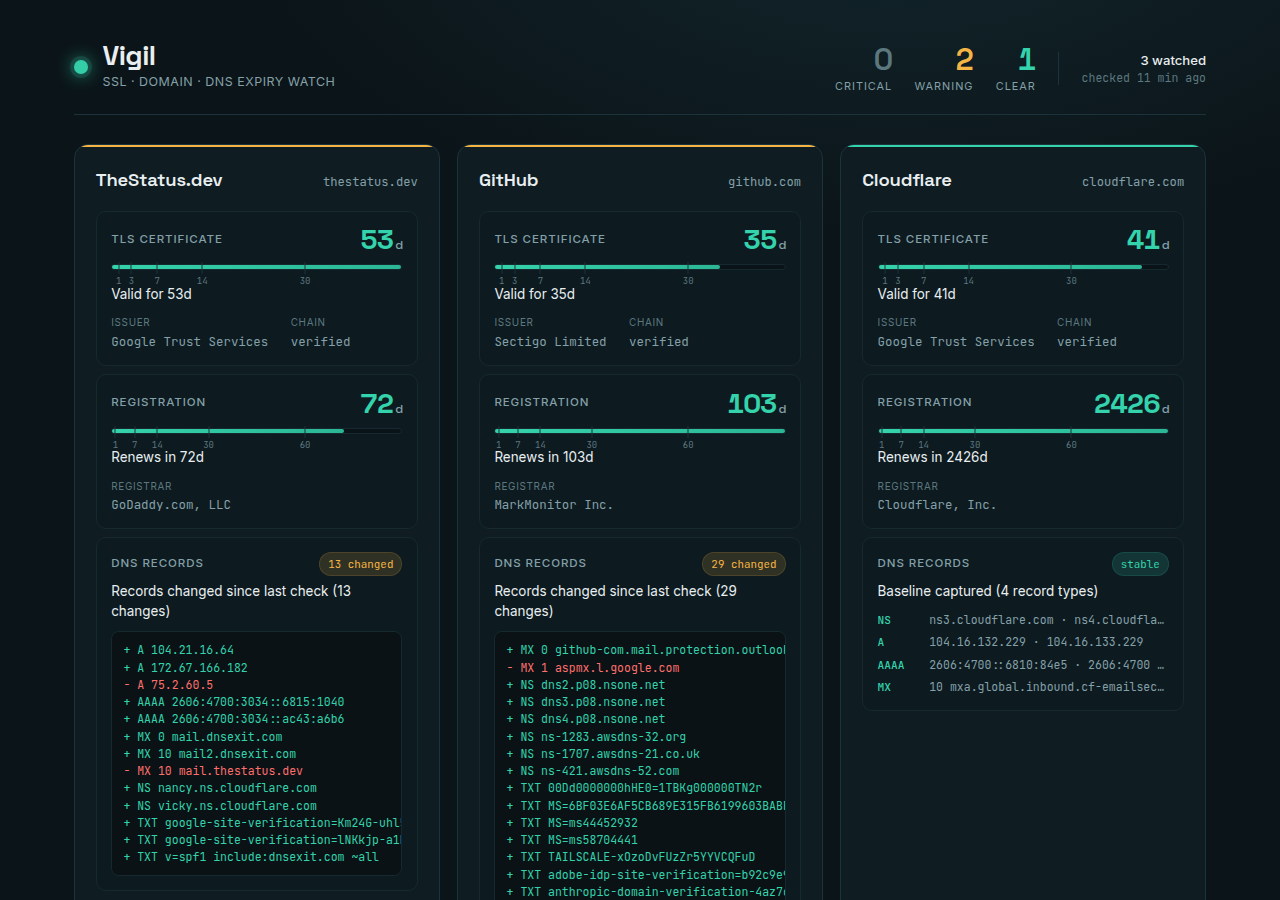 Vigil SSL, domain and DNS expiry watch dashboard