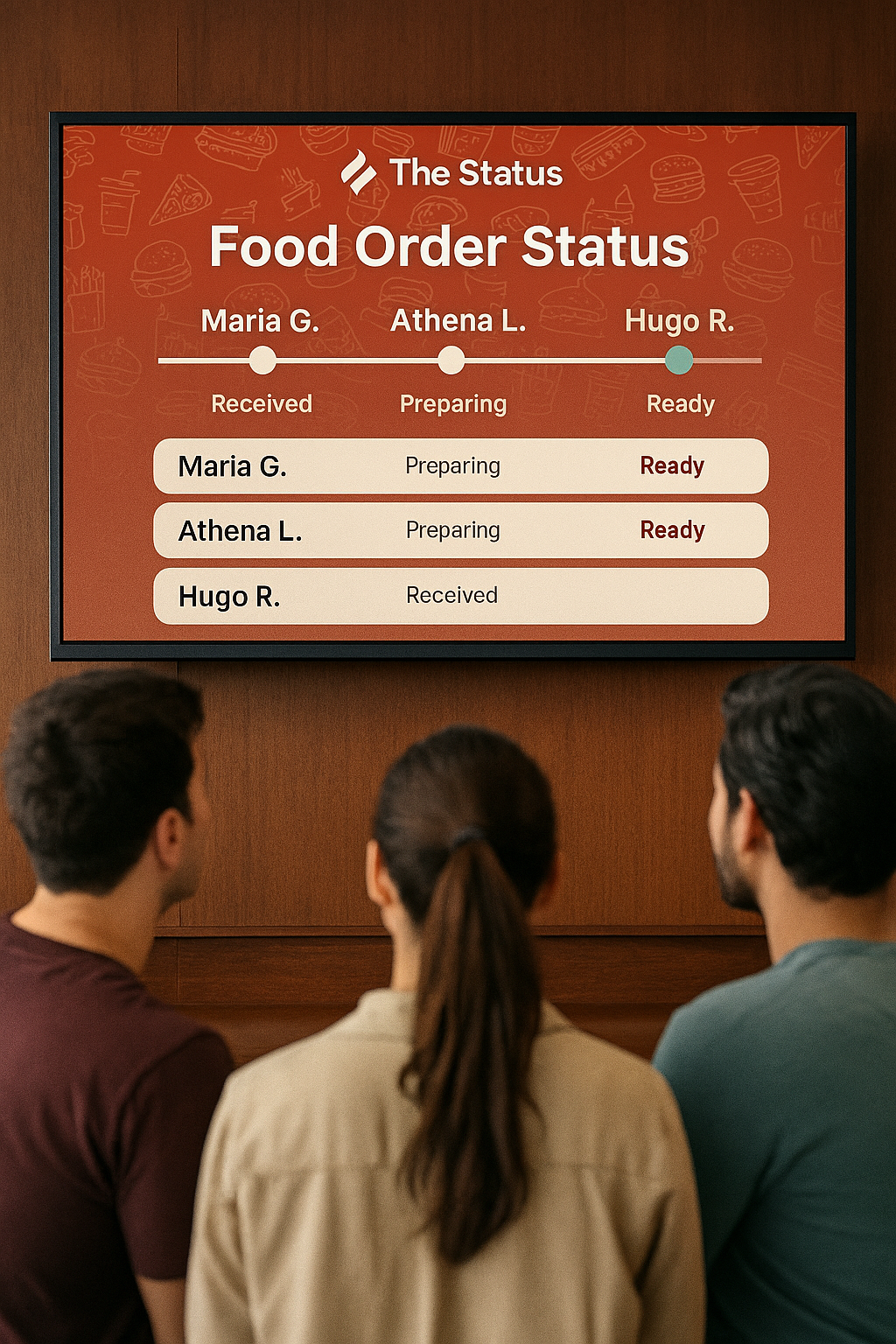 Customers watching The Status monitor showing food order statuses